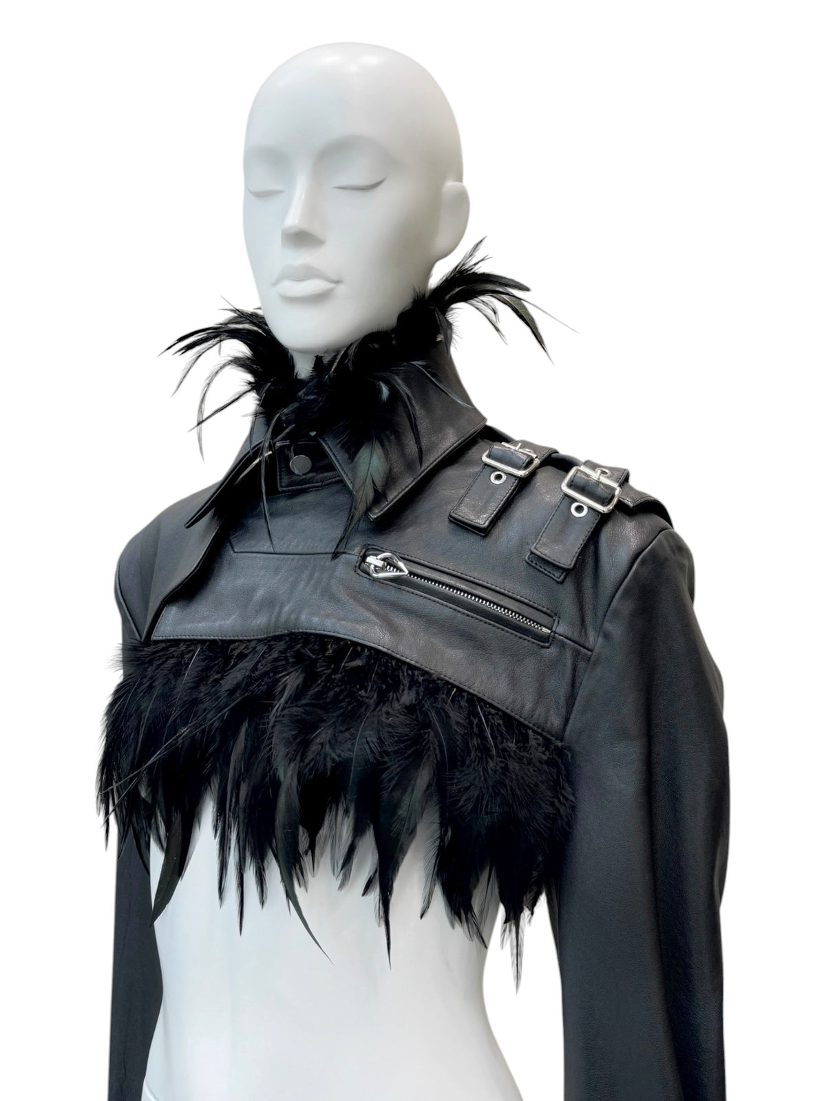 Jean-Paul Gaultier x Shayne Oliver - veste en cuir et plumes d’autruches