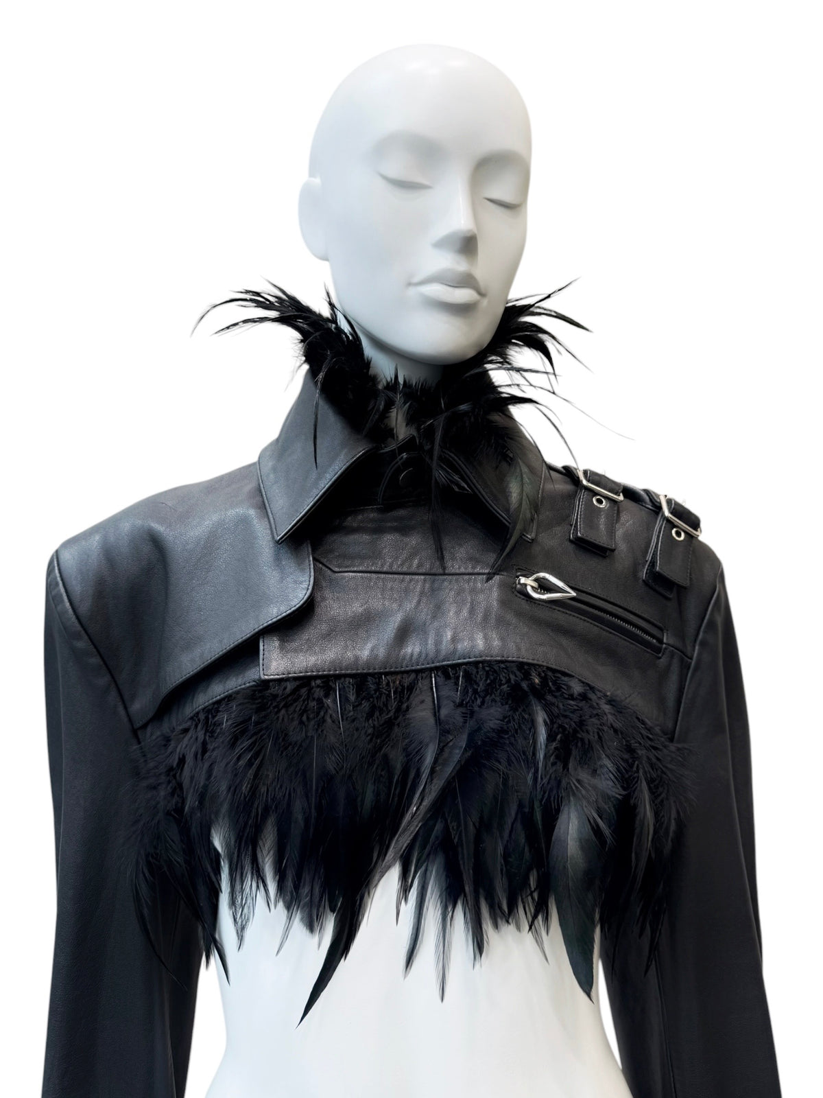 Jean-Paul Gaultier x Shayne Oliver - veste en cuir et plumes d’autruches