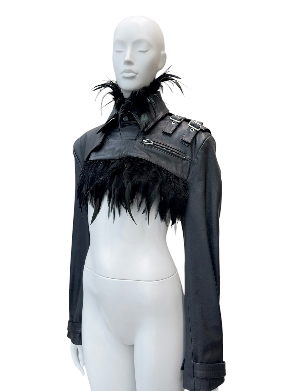 Jean-Paul Gaultier x Shayne Oliver - veste en cuir et plumes d’autruches