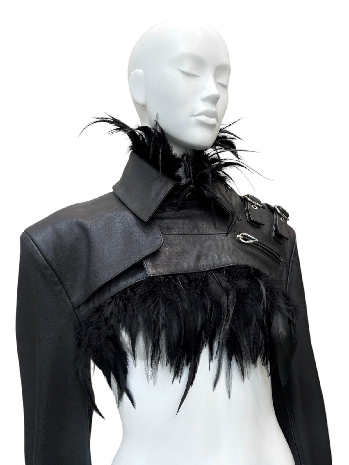 Jean-Paul Gaultier x Shayne Oliver - veste en cuir et plumes d’autruches