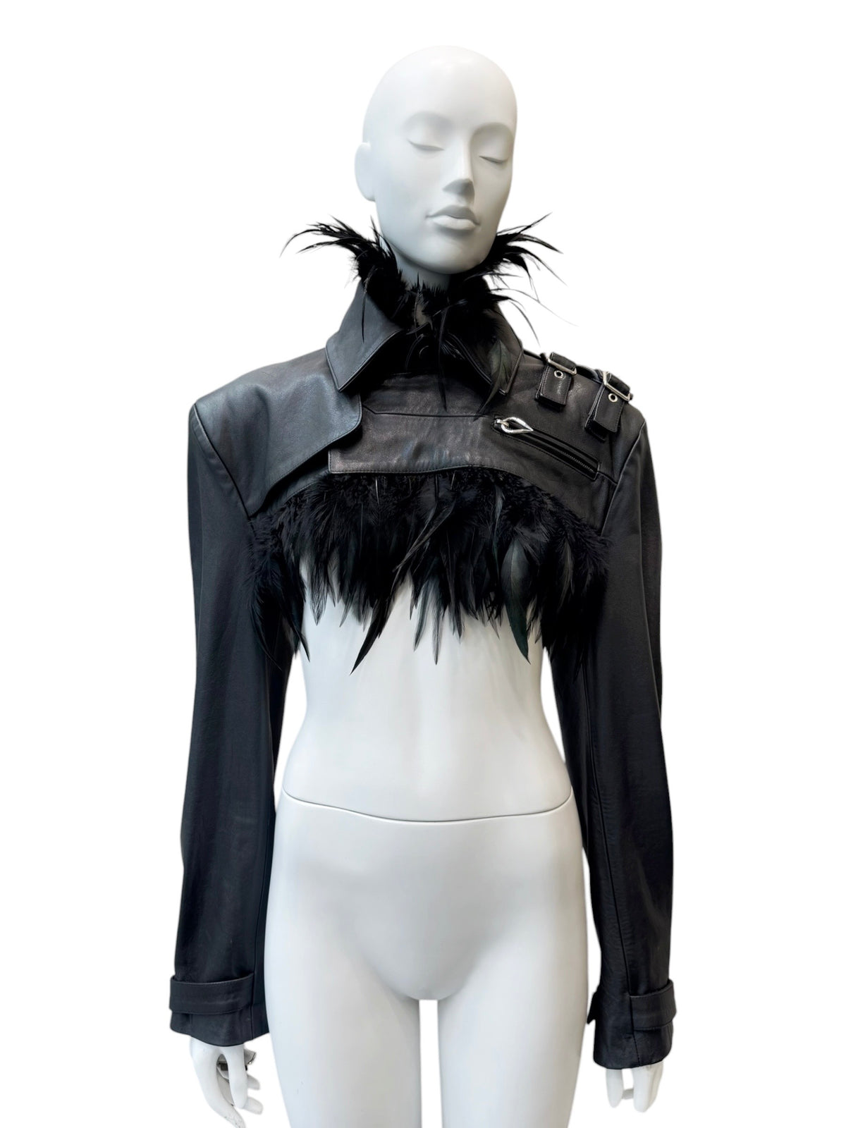 Jean-Paul Gaultier x Shayne Oliver - veste en cuir et plumes d’autruches