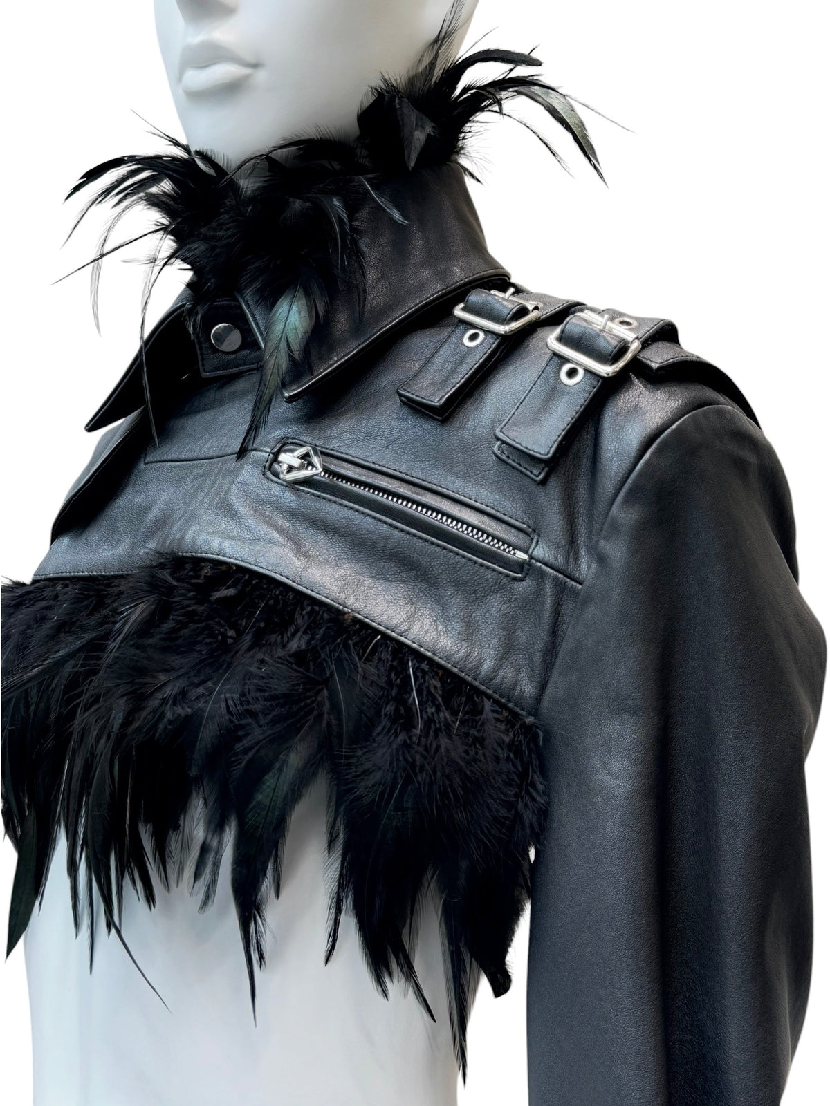 Jean-Paul Gaultier x Shayne Oliver - veste en cuir et plumes d’autruches